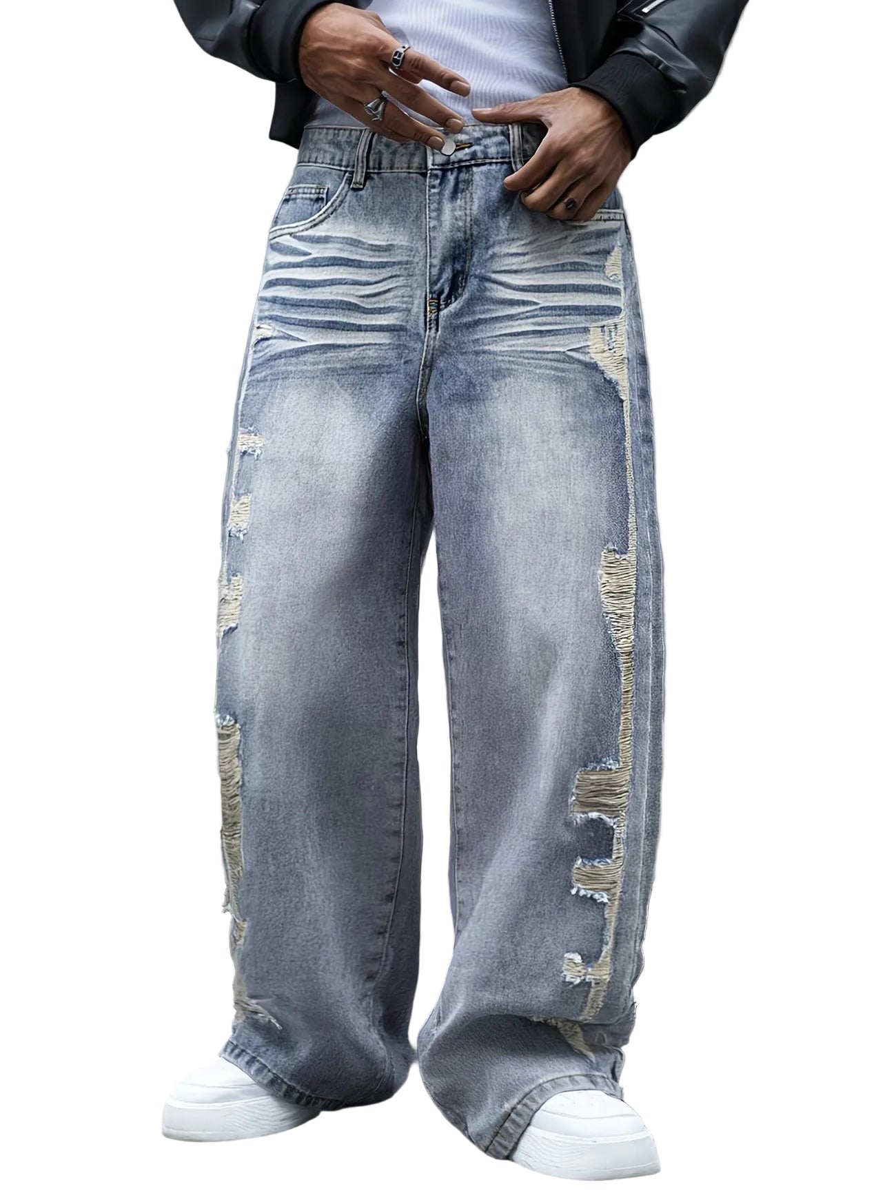 Men’s Baggy Wide-Leg Pants with Frayed Accents