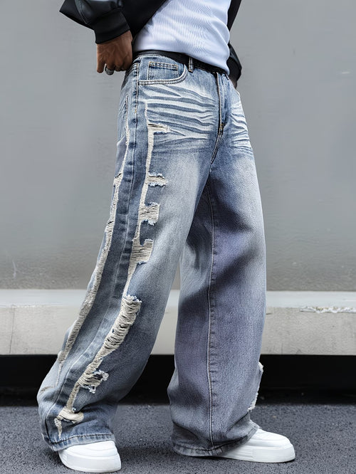 Men’s Baggy Wide-Leg Pants with Frayed Accents