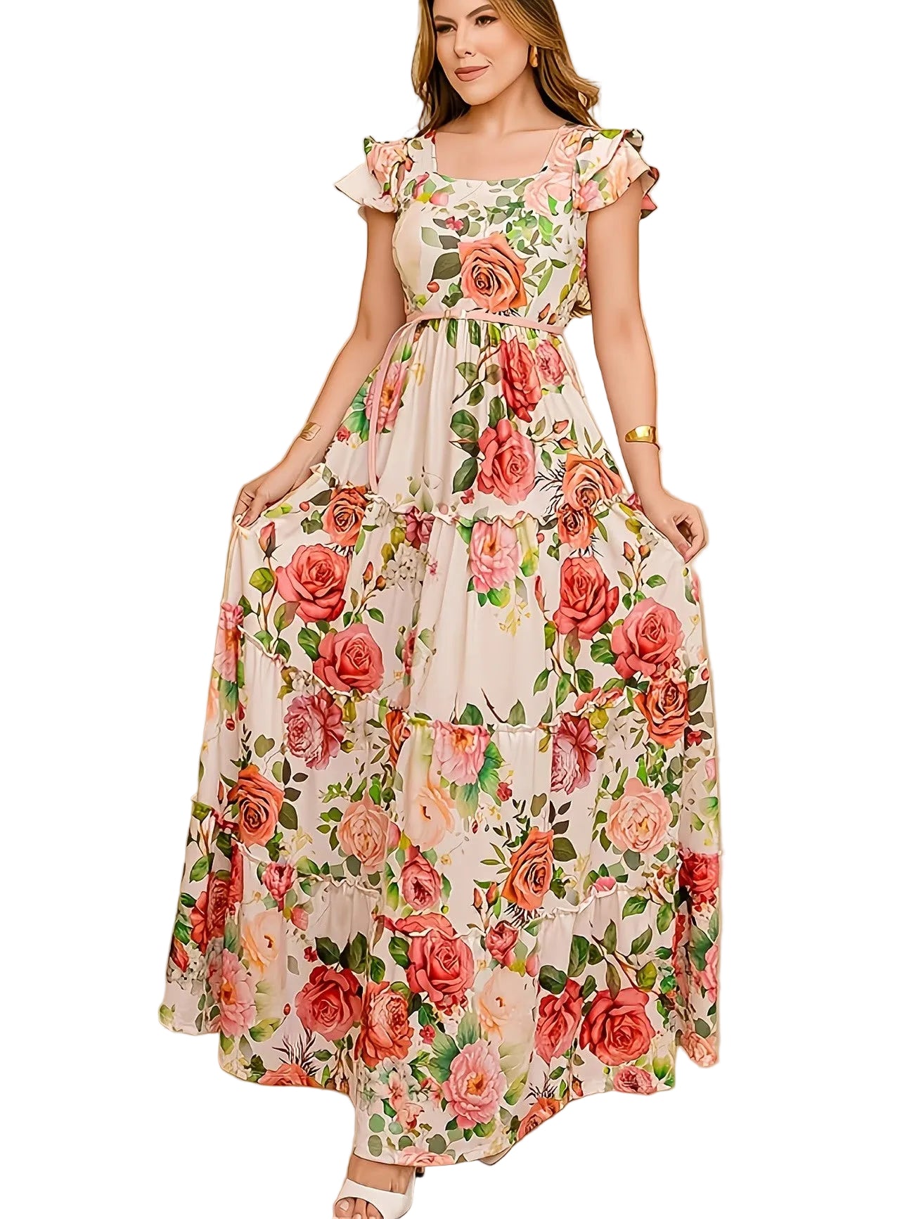 Women’s Floral Maxi Dress with Tiered Skirt
